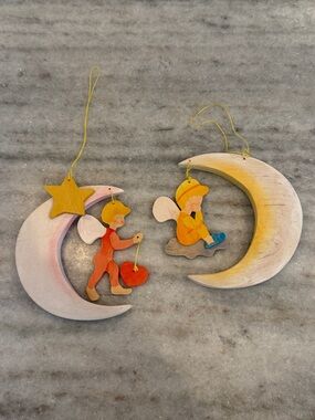 Wooden Waldorf Angel Children Ornaments - Set of 2